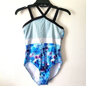 Justice Girls Size L Blue Floral Rhinestone Halter Leotard Gymnastics/ Dance